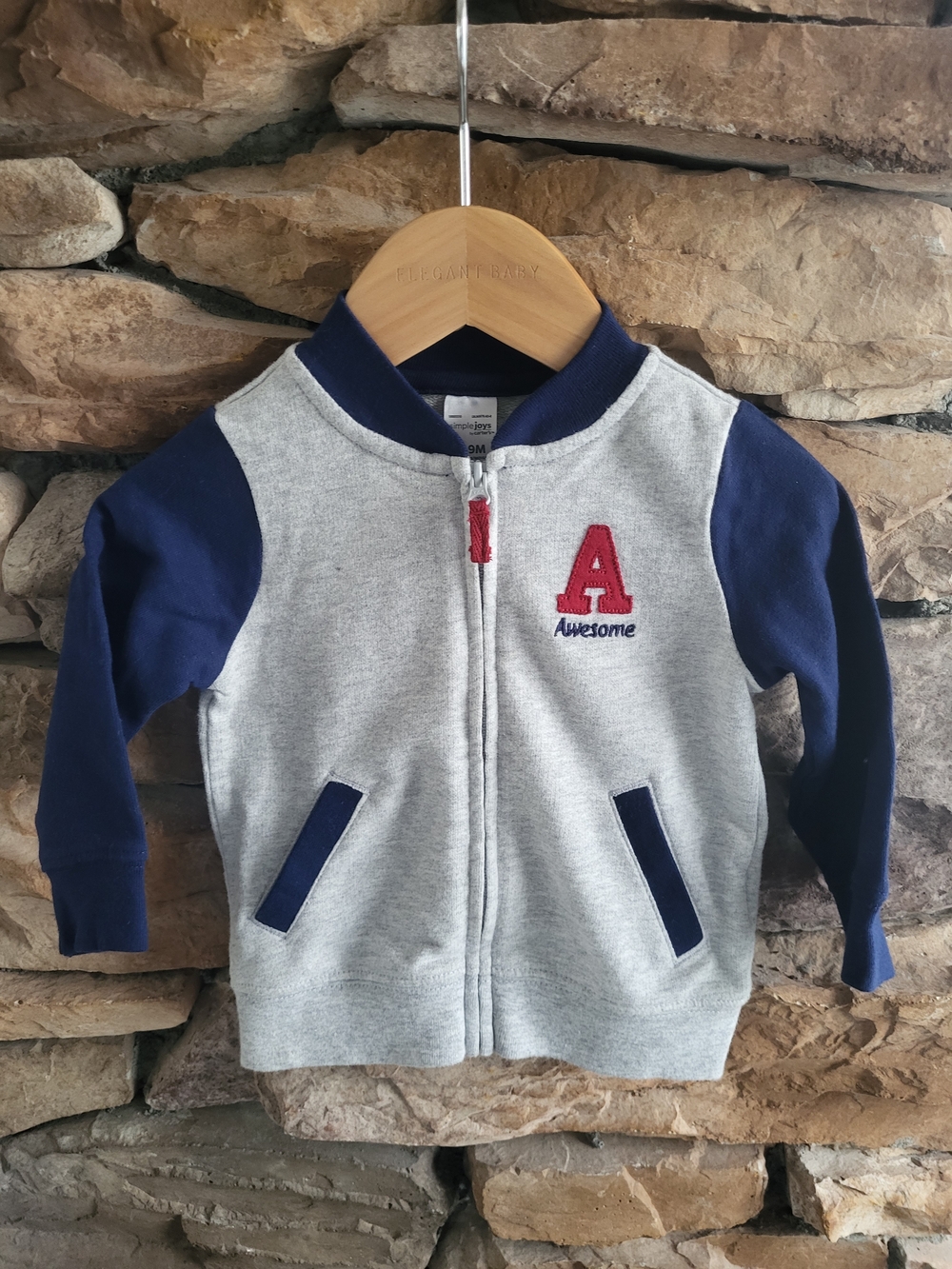 Carter's Grey & Navy Zip Varsity Letterman Sweatshirt Bomber Jacket For Baby Boy
